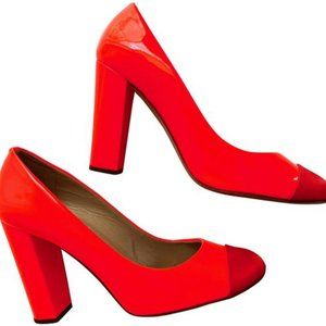 J Crew Neon Etta Allie Orange Red Chunky Cap Toe Heels Patent Leather Size 9